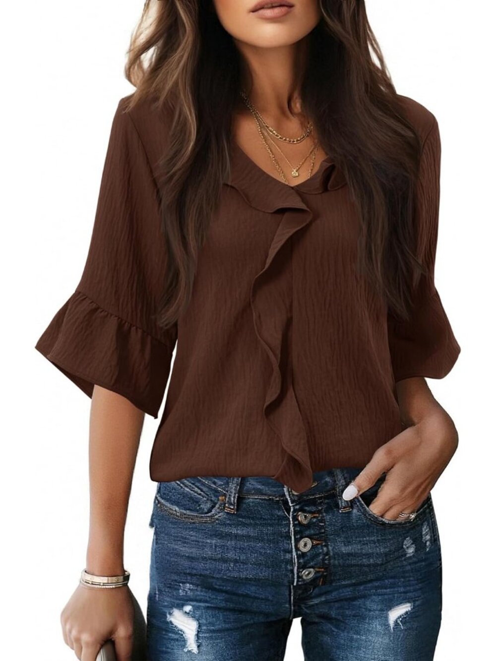 Womens Blouses Dressy Casual 3/4 Sleeve Ruffle Bell Top Ladies Business Formal W